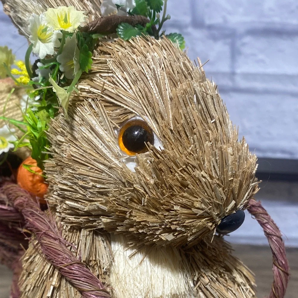 Pier 1 Straw Bunny with Green and White Floral Accents